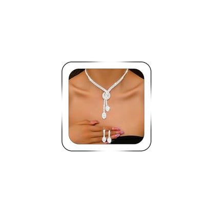Rhinestone Jewelry Set Crystal Pearl Necklace Bracelet Earrings | Sparkly Necklace Dangle Earrings,Wedding Prom Formal Costume Jewelry Sets for Women - color: Silver4