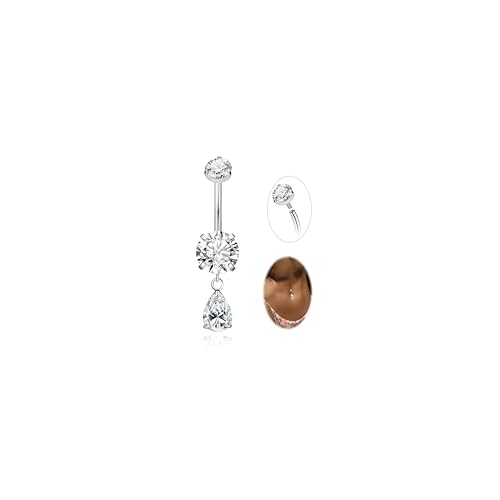 14G G23 Pure Titanium Dangle Belly Button Ring for Women Teardrop Dangling Belly Ring Internally Threaded Barbell Dainty Dangly Navel Ring CZ Belly Piercing Jewelry 6-16MM - color: Silver, size: Bar Length 14mm-Slightly Longer