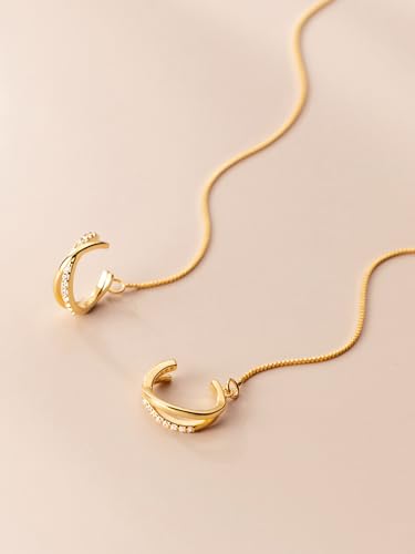 Long Chain Cuff Earrings Gold Silver Wrap Tassel Earrings Minimalist Cz Round Stud With Chain Cuff Double Piercing Jewelry Statement Fake Earrings for Women - color: style1-gold-2pcs