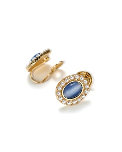 Vintage Style Pearl and Blue Stone Earrings,clip on earrings for women, Gold-Tone Frame,1920s,Oval Shape with Pearl Border