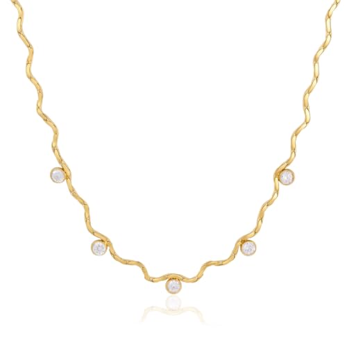 Dainty Gold Twisted Chain Wave CZ Charm Choker Clavicle Necklace for Women | Waterproof Hypoallergenic Stainless Steel ,Minimal Delicate Layering Jewelry Gifts for Summer Daily
