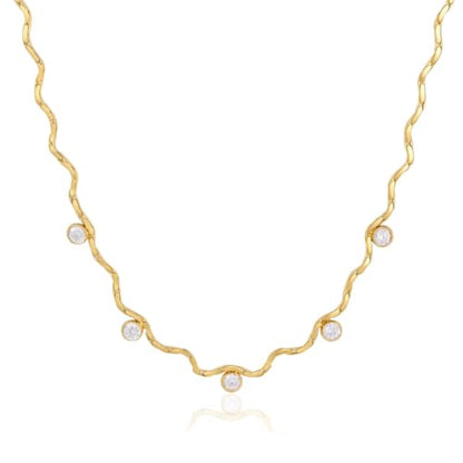 Dainty Gold Twisted Chain Wave CZ Charm Choker Clavicle Necklace for Women | Waterproof Hypoallergenic Stainless Steel ,Minimal Delicate Layering Jewelry Gifts for Summer Daily