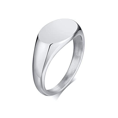 HIJONES Mens Stainless Steel Signet Ring Matte Brushed Square | Simple Statement ,Wedding Band,Polished Round - color: 9mm-Silver