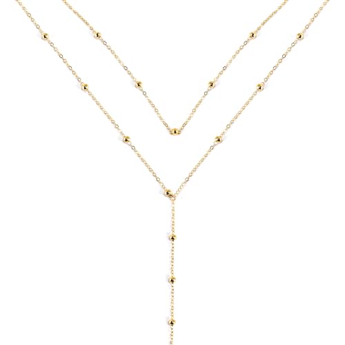 Necklace for Women, Dainty Long 14K Gold Y-Shaped Necklace Jewelry Trendy Beaded Layered Chain Drop Necklaces Jewelry Women Gifts - style: Round Bead