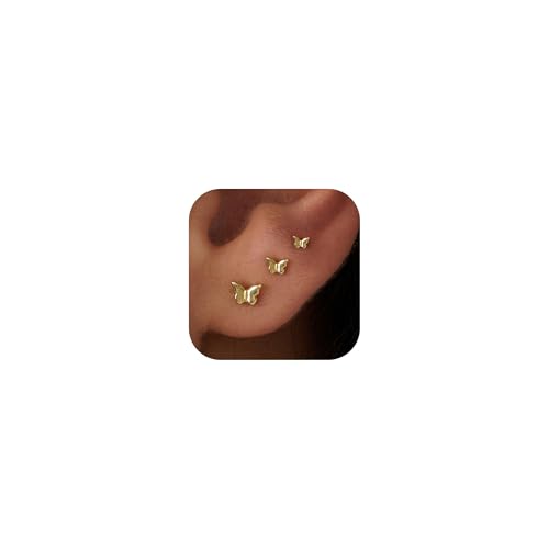 3 Pair Tiny Flat Back Earrings for Women - 14K Gold/White Gold Plated Dainty Cute Small Screw Flatback Stud Earring, Everyday Wear Gift - color: Butterfly Flat-4/5/6mm Gold