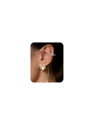 2PCS Flower Tassel Zircon Earrings Ear Cuffs No Piercing Flower Climber Wrap Around Earrings Pearl Drop Earrings for Women Fairy Ear Clip Dainty Wedding Earrings for Brides - color: Style 3- Gold