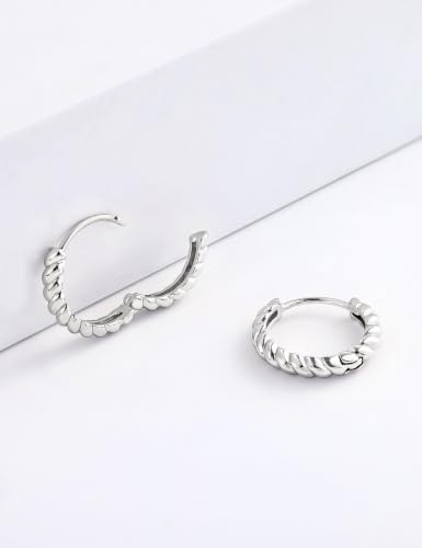 Fiusem 14K Gold Plated Huggie Hoop Earrings for Women | 8/10/12 Hypoallergenic Small Twisted beaded Huggie Earrings - color: Silver Twisted, size: 8MM
