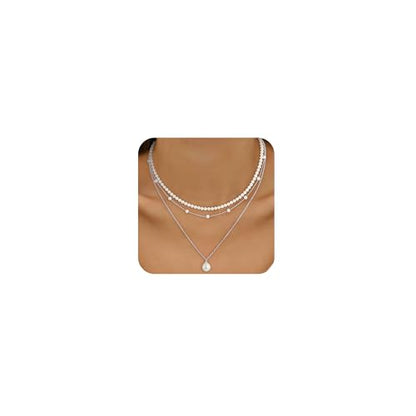 Pearl Necklaces for Women Trendy, 18K Gold/Silver Plated Layered Pearl Necklaces Dainty Pearls Choker Necklace and Earring Set Birthday Gifts for Mom Wife Daughter Sister Friends - color: Silver Pearl Necklace-3pcs