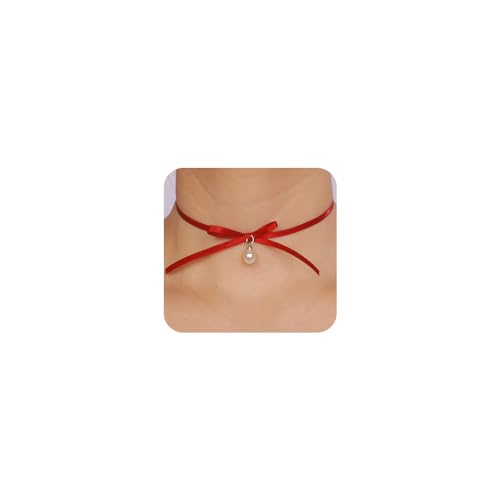Vintage Punk Velvet Ribbon Bow Choker Necklace Red and Black Satin Bow Tie Choker Necklace Pearls Pendant Bowknot Collar Choker Boho Velvet Bowknot Pearls Pendant Necklace for Women(red3)