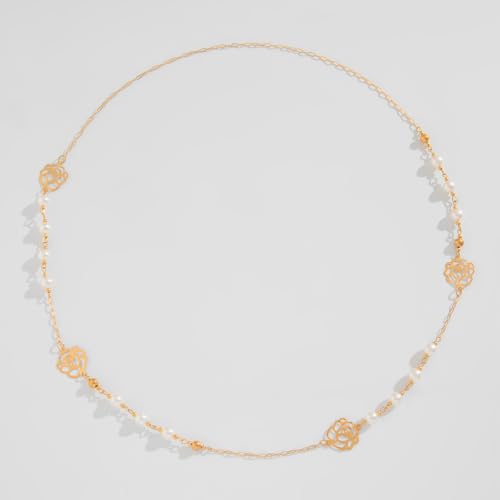 Long Pearl Necklaces for Women Pearl Long Chain Necklace Gold Chain Dainty Delicate Station Necklace Jewelry for Dress Party - color: Flower pearl