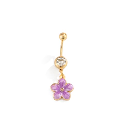 Flower Belly Button Ring for Women 14K Gold Plated Cubic Zirconia Navel Piercing Jewelry Stainless Steel CZ Crystal Charm Belly Ring Hypoallergenic Belly Bar for Women - color: Purple