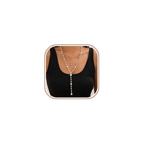 Faux Pearl Necklaces for Women, Dainty Gold Tone Necklace Long Lariat Y Necklace Layered Sun Moon Pendant Necklace Cuban Chain Faux Pearl Drop Necklaces Minimalist Jewelry for Women