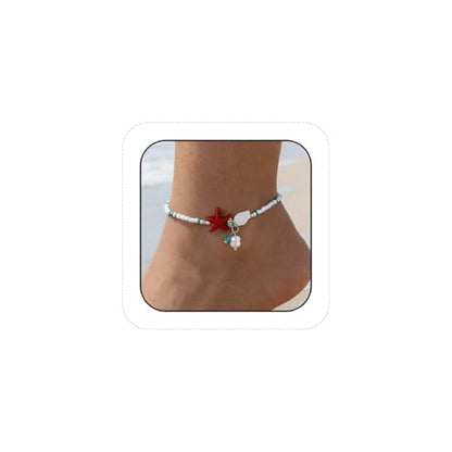Beaded Ankle Bracelets for Women Boho Starfish Shell Pearl Beaded Ankle Bracelets Stacked Strench Silver Ankle Bracelet Non Tarnish Adjustable Hawaiian Summer Beach Surfer Foot Jewelry - color: Red
