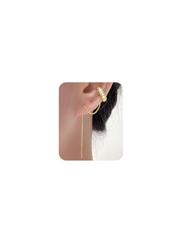 Long Chain Cuff Earrings Gold Silver Wrap Tassel Earrings Minimalist Cz Round Stud With Chain Cuff Double Piercing Jewelry Statement Fake Earrings for Women - color: style2-gold-1pcs