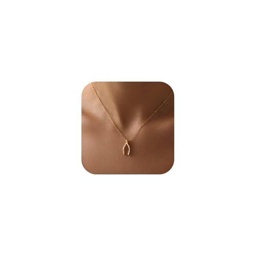 Gold Silver Pendant Necklace for Women, Dainty CZ Jewelry Gift | 14K Gold Silver Plated, Cubic Zirconia Pearl Charm, Trendy Layered Necklace, Adjustable Chain, Waterproof, Hypoallergenic - color: Gold-Wishbone
