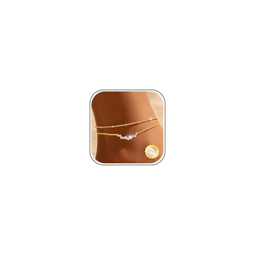 Sterling Silver Ankle for Bracelets Women 14K Gold Waterproof Layered Stackable Chain Sparkling Zircon Adjustable Non Tarnish Anklet Bracelet for Summer Beach Jewelry Gift - color: GoldB