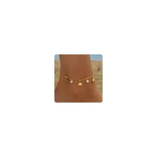 18K Gold Plated Waterproof Summer Beach Ankle Bracelets for Women | Starfish Sea Shell Pearls CZ Diamond Dangle Anklets - style: Shell Pearls-GD