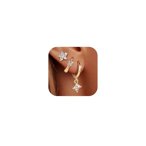 14K Gold Hoop Dangle Stud Earrings Surgical Steel Helix Piercing | Hypoallergenic,Cubic Zirconia,3 Pairs Huggie Hoop Set for Women,Dangle Stud,Cartilage Tragus Conch Earring,Jewelry Gift - color: A2-Gold Clover CZ