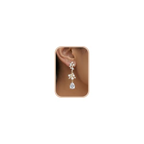 Pearl Earrings - 14K Gold/White Gold/Rose Gold Plated Cubic Zirconia CZ Diaomond Accented Pearl Drop Dangle Earrings for Women Wedding Bridal Prom - color: Gold Teardrop Design
