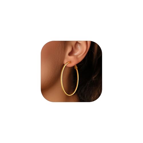 FOCALOOK 14K Gold Plated Lightweight Large Hoops| 2mm Thin Hoop Earrings for Women 30/40/50/70/100mm - color: 01.Gold, size: 50mm