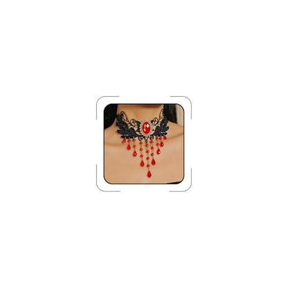 Goth Black Choker Necklace Crystal Bead Pendant Necklace for Women Gothic Velvet Lace Choker Halloween Vampire Witch Cosplay - color: I-Black and Red