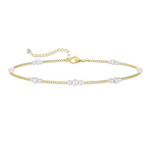 Dainty Simple Chain Anklet for Women 18k Gold/Silver Plated Summer Beach Beaded Evil Eye Moon Figaro Butterfly Satellite Cuban Pearl Flat Marina Anklet Gift - color: Pearl