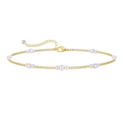 Dainty Simple Chain Anklet for Women 18k Gold/Silver Plated Summer Beach Beaded Evil Eye Moon Figaro Butterfly Satellite Cuban Pearl Flat Marina Anklet Gift - color: Pearl
