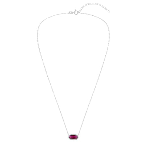 Belacqua Gemstone Necklace in Sterling Silver,Halo Pendant with Accent, Oval Cut 6 * 12mm, 15" Cable Chain with 2" Extender, Spring Ring Clasp, Dainty Birthstone Necklace for Women, Gift Box Included - color: 07-July-Siam Ruby Red