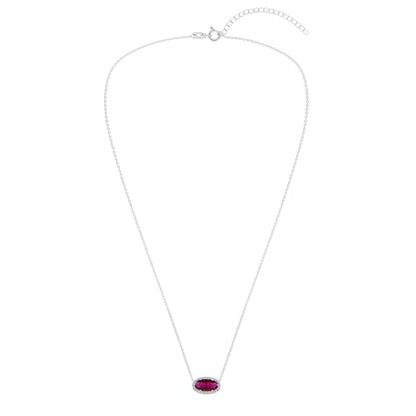 Belacqua Gemstone Necklace in Sterling Silver,Halo Pendant with Accent, Oval Cut 6 * 12mm, 15" Cable Chain with 2" Extender, Spring Ring Clasp, Dainty Birthstone Necklace for Women, Gift Box Included - color: 07-July-Siam Ruby Red