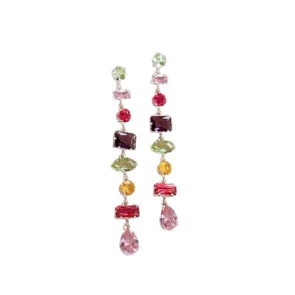 Silver Plated Rainbow Crystal Necklace, Sparkly Cubic Zirconia Rhinestone Multicolor Chain Choker Bracelet Earring Jewelry Set - style: Earrings