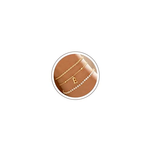 Gold Bracelets for Women Girls - Dainty Gold/Silver Bracelet Stack Jewelry Set Personalized Initial Bracelets Cute Stackable Rope Box Chain Tennis Bracelets Gifts for Women Teen Girl Gifts - color: E-Gold