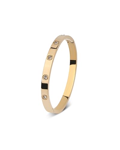 Gold Crystal Hinged Bangle Bracelet for Women – Stainless Steel Bezel Set Cubic Zirconia – Hypoallergenic Waterproof – Minimalist Stackable Jewelry – Gift for Her Backend: crystal hinged bangle gold cuff bezel cubic zirconia stackable bangle minimalist pu