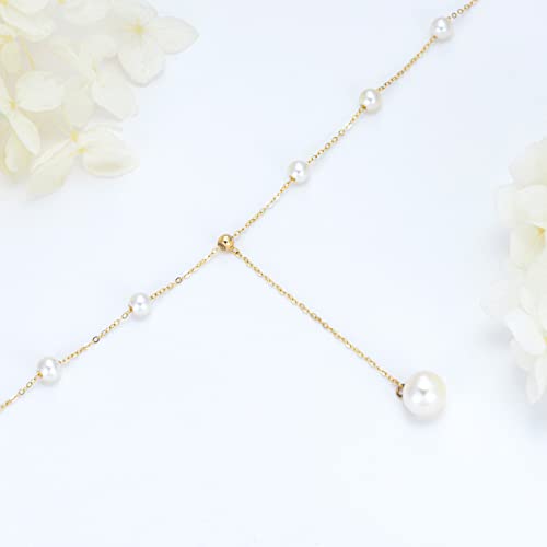 14K Real Gold Pearl Lariat Necklace for Women, Drop Y-Shaped Necklace with Pearl Prom Necklace Birthday Gifts for Wife Mom Her 16+2 inch(4mm, 9mm)
