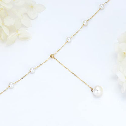 14K Real Gold Pearl Lariat Necklace for Women, Drop Y-Shaped Necklace with Pearl Prom Necklace Birthday Gifts for Wife Mom Her 16+2 inch(4mm, 9mm)