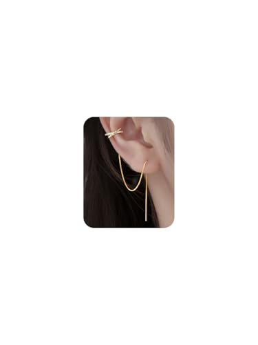 Long Chain Cuff Earrings Gold Silver Wrap Tassel Earrings Minimalist Cz Round Stud With Chain Cuff Double Piercing Jewelry Statement Fake Earrings for Women - color: style1-gold-1pcs