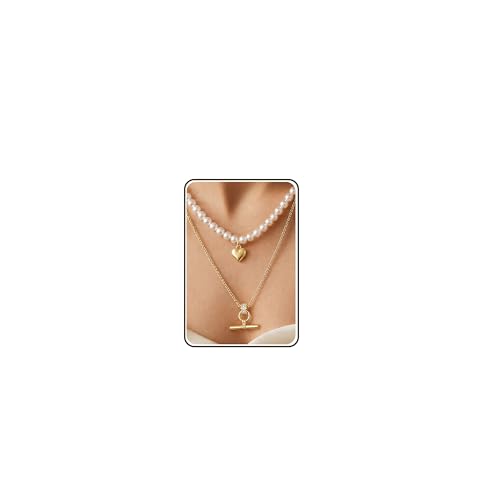 T-Bar Pearl Necklace Stack, Long Layered Necklaces Women, 16K Gold Plated | Heart Pendant Necklace with Dainty Pearl Chain, Non Tarnish Statement Jewelry Set for Trendy Everyday Accessories