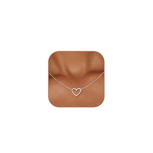 HERIER Cute Heart Necklace Dainty 18k Gold Plated Tiny Heart Pendant Choker Necklaces Small Gold Love Open Heart Chain Necklace for Women Simple Gold Necklace for Women Trendy Jewelry - color: Heart Necklace-Silver