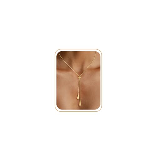 CHESKY Lariat Gold Necklace for Women, Dainty Long Necklace 14k Gold Plated Y-Shaped Pendant Necklace Trendy Layered CZ Beaded Chain Drop Necklaces Simple Gold Jewelry for Women Gifts - color: 6