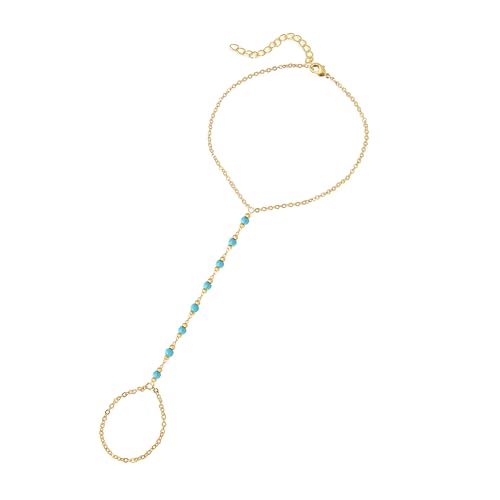 Dainty Gold Hand Chain Bracelet,18K Real Gold Plated Minimalist Handmade Beaded Finger Chain Bracelets for Women - color: Turquoise