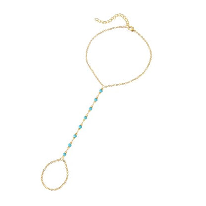 Dainty Gold Hand Chain Bracelet,18K Real Gold Plated Minimalist Handmade Beaded Finger Chain Bracelets for Women - color: Turquoise