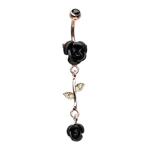 Pierced Owl - CZ Crystal Leaves and Vine Rose Flower Dangle Belly Button Navel Ring - style: Black