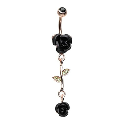 Pierced Owl - CZ Crystal Leaves and Vine Rose Flower Dangle Belly Button Navel Ring - style: Black