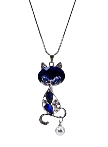 Blue Crystal Cat Pendant Necklace for Women – Large Sparkling Rhinestone with Moving Pearl, Long Silver Tone Snake Chain, Cat Lover Gift Fashion Statement Jewelry