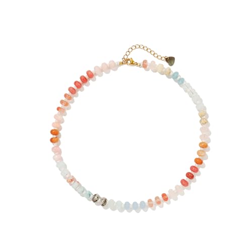 Joya Love Colorful Gemstone Beaded Necklaces For Women Trendy Rainbow Natural Stone Boho Handmade Stainless Steel Waterproof Strand Necklaces Jewelry For Women Gift - color: White pink