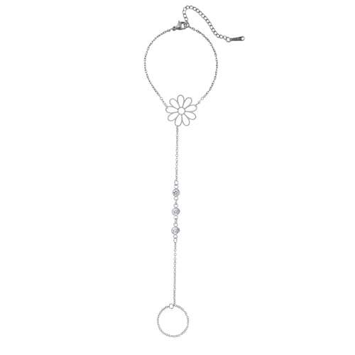 UNIFT Hand Chain Bracelets for Women Set Stainless Steel Adjustable Heart or Four-Leaf Clover Ring Chain Bracelet Trendy Dainty Jewelry Set Gifts - color: silver 3