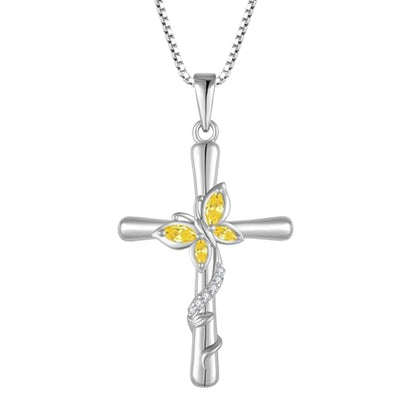 Cross Necklace for Women 925 Sterling Silver Butterfly Necklace Birthstone Pendant Created Gemstone Jewelry Gifts for Women - color: 11 November - Citrine