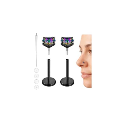 Hypoallergenic Nose Studs Flat Back Screw Ear Studs 18K Gold Plated 316 Stainless Steel, CZ Studs for Nose, Ear, Lip, Vertical Labret Piercing Jewelry, 2-5mm CZ 6-8mm Post with 1 Taper,4 Silicone Pads - color: Black, size: 2mm