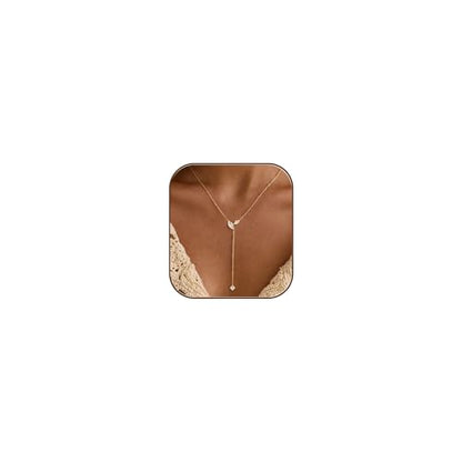 Ewrkbr Long Necklaces for Women, Dainty Gold Drop Necklace 14k Gold Plated CZ Y Shaped Lariat Necklace Simple Gold Necklaces for Women Trendy Summer Beach Accessories Wedding Prom Jewelry Gifts - color: Gold-Leaf Drop