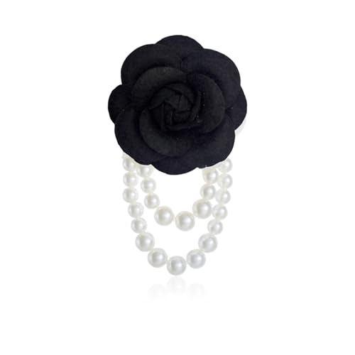 Vintage Camellia Brooch for Women,Statement Pearl Tassel Brooch Boho Multicolored Fabric Flower Brooches Laple Pins Dress Wedding Accessories - color: Black