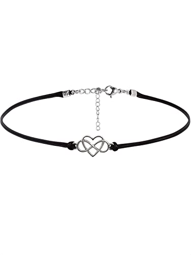 Sacina Goth Black Infinity Heart choker, Goth Boho Vintage Black Choker | Faux Leather cord & Zinc Alloy, 12.9 in & 3 in extender chain, Gothic Boho Vintage Hippie Jewelry, Christmas Jewelry Gift
